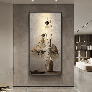 Flowers and trees, japanese-style wabi-sabi style entrance hall decorative painting, high-end entrance door mural, chinese-style zen dead lotus corridor aisle hanging painting 02 ink dead lotus 50*100cm crystal mirror upgraded brushed aluminum alloy frame black