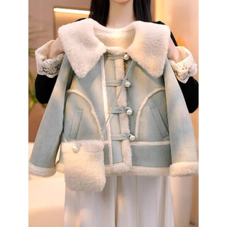 Girls' fur all-in-one coat autumn and winter 2025 new children's velvet tops winter clothes girls thickened coats fashionable blue + bag 120