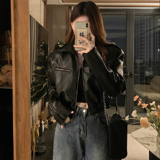 Senlianna 2025 spring, autumn and winter latest leather short jacket women's casual high-end fashion cardigan top black m 98-108jin jin is equal to 0.5 kg