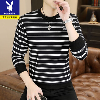 Playboy's new sweatshirt men's spring, autumn and winter round neck versatile slim fit plus velvet high-end striped men's long-sleeved t-shirt bottoming shirt 3376-black spring and autumn style xl recommended 130-145jin jin equals 0.5 kg