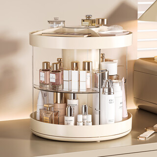 Dishuduo cosmetics storage rack, high-end dressing table, skin care product storage rack, rotating dust-proof large-capacity desktop storage box, cream white, 360-degree rotation/adjustable layer distance/press lift brush bucket