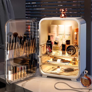 Rsrddy cosmetic storage box dormitory desktop dustproof large capacity home organizing box light luxury dressing table storage rack a cream yellow upgraded lighted makeup mirror + charging cable