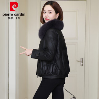Pierre cardin leather jacket women 2025 new winter haining leather down jacket small sheepskin large fur collar fur short black xl 115-125jin jin is equal to 0.5 kg