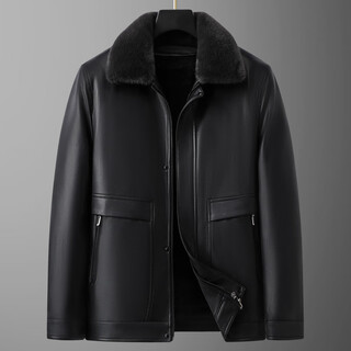九九王九牧王带毛领皮衣男士加大码加绒保暖外套冬季胖子可脱卸内胆翻领 黑色 L (建议100-120斤)