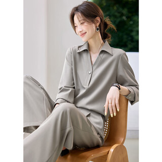 Mohan yimei urban rights travel style suit 2025 autumn new old money style lapel shirt wide leg pants two-piece set