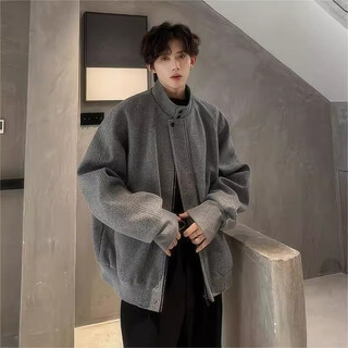 Poum stand collar woolen coat men's autumn and winter handsome woolen coat short korean silhouette suit jacket men's top mpfs-jk504 gray xl