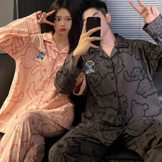 Dream star couple pajamas spring and autumn long sleeve cotton cartoon japanese ins style men's and women's home clothing two-piece set mjq#double length stitch gray pink print xl men
