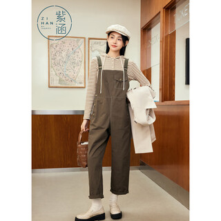 Zihan (zihan) zihan retro striped sweater + small overalls two-piece suit for women, spring, moss green xl