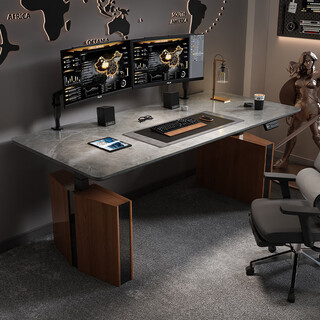 Electric lift table desktop workbench computer desk smart office desk solid wood multi-functional e-sports solid wood desk new slate surface walnut color feet 2.0*0.8 meters electric lift dual motors