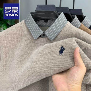 Romon plus velvet thickened men's sweater new shirt collar fake two pieces winter warm all-in-one velvet knitted bottoming shirt for men beige plus velvet xl recommended 125-145jin jin equals 0.5 kg