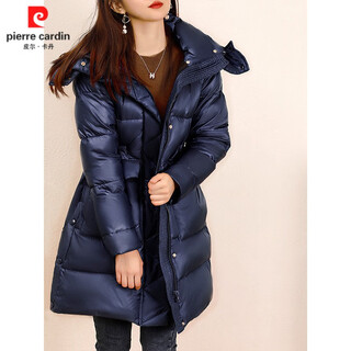 Pierre cardin 95 white goose down down jacket women's medium long hooded jacket 2026 winter new korean style waist hooded bakery navy blue (down jacket) s