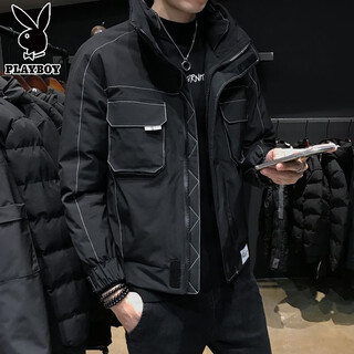 Playboy men's cotton jacket winter korean fashion slim trendy handsome thickened warm stand collar pocket cotton jacket men black l (80-100jin jin is equal to 0.5kg)
