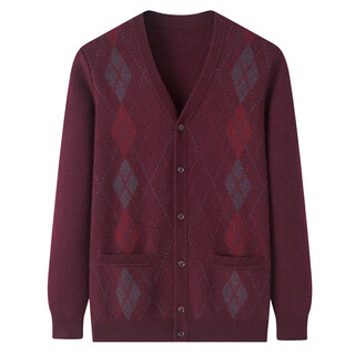 鹿王（KING DEER）2025年中老年羊绒衫男V领带兜大码开衫加厚保暖羊毛爸爸爷爷毛衣 酒红色 L 175码 [125-145斤]