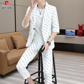 Pierre cardin 2024 new summer mid-sleeve small suit men's suit trendy slim korean style casual three-quarter sleeve suit two-piece set t2319 white 3xl