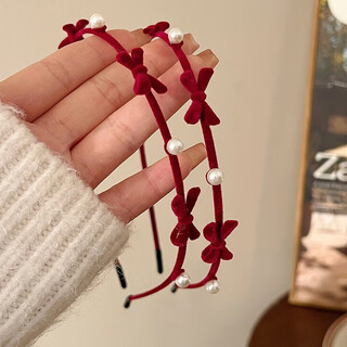 Le xicong red atmospheric hair accessories pearl bow headband for women 2025 new flocked headband pearl headband hairband red bow pearl headband one pack
