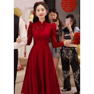 Lisaft 2025 spring autumn and winter new women's dress temperament chinese cheongsam red toast dress long sleeve dress s 85-98jin jin is equal to 0.5 kg