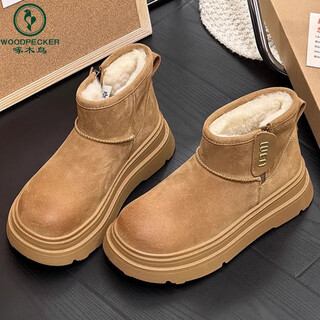 Woodpecker genuine leather thick-soled snow boots for women 2025 winter new retro anti-slip short boots plus velvet thickened warm cotton shoes camel free shipping insurance 37