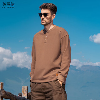 Enjeolon 330g heavy henley collar sweatshirt men's 2024 autumn new american style loose pullover top brown 2xl