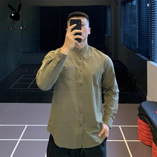 Playboy (playboy) japanese retro henry collar cotton shirt long-sleeved t-shirt men's shirt casual bottoming autumn and winter/p60 special dark green l
