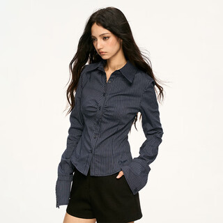 Aaisup american striped waist long sleeve shirt women's 2025 spring and autumn design hot girl slim fit bottoming top trendy navy l
