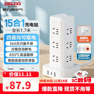 德力西(DELIXI)立式插座/插排/排插/插线板/插板/接线板 12位五孔USB+TYPE-C总控开关1.7米过载保护