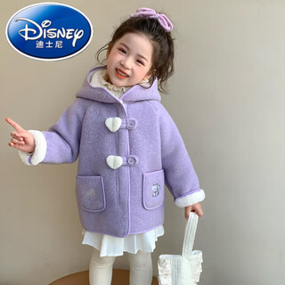 迪士尼（Disney）女童外套秋冬季2025新款儿童冬装韩系加绒中长款宝宝洋气毛呢大衣 紫色加绒加厚 140 cm