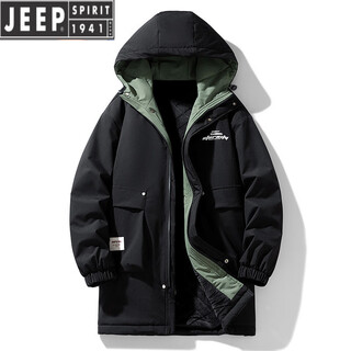 Jeep spirit autumn and winter velvet mid-length windbreaker jacket for men 2025 winter hooded cotton coat thickened warm large size jacket work wear black velvet 2xl