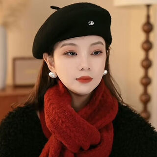 Bisi sheep temperament warm beret hat fashionable versatile wool wool korean style styling face showing autumn and winter new elegant painter hat black m 55-59c