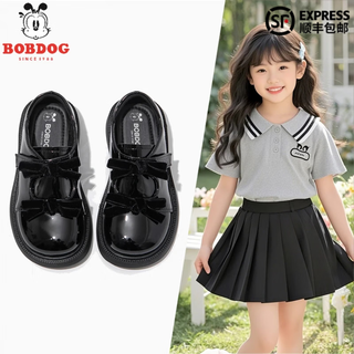巴布豆（BOBDOG）女童黑色小皮鞋2025秋季新款软底儿童公主鞋演出蝴蝶结乐福单鞋 黑色 26 内长15.8cm