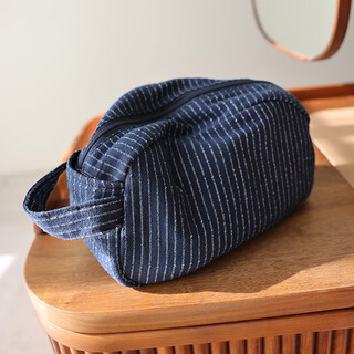 Miucatch classic striped large-capacity portable cosmetic bag cotton and linen fabric dark zipper skin care product travel portable storage bag single-sided portable white and blue striped bag 1 piece