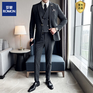 Romon suit suit men's three-piece slim coat plaid small suit professional formal groom handsome wedding dress trendy dark gray suit + vest + trousers + white shirt + black tie m