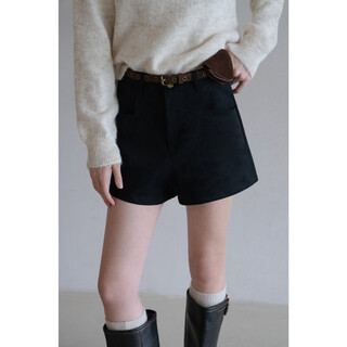 EGGKA高腰休闲百搭复古麂皮绒短裤通勤宽松显瘦直筒裤E25D50141AF 黑色(配小包腰带) S