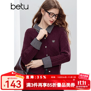 Betu women's 2025 winter new sweater lapel plaid stitching exquisite twisted rope fake two-piece top 2510t39 burgundy m