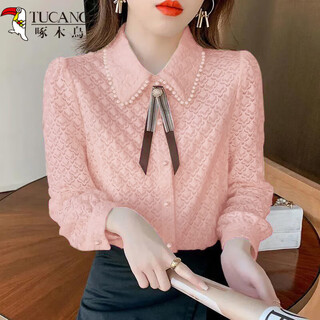 Woodpecker velvet thickened lace shirt for women in autumn and winter new style fashionable brushed bottoming shirt temperament shirt slimming top thin pink (full body lined) 3xl 130-140jin jin equals 0.5 kg