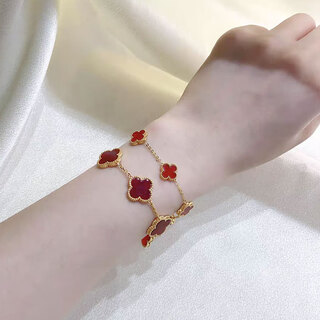 18k gold four-leaf clover five-flower bracelet, rose gold color gold bracelet, birthday gift for girlfriend’s mother, 18k gold rose gold red agate (not easy to break) 10mm small flower (upgraded version is not easy to break)