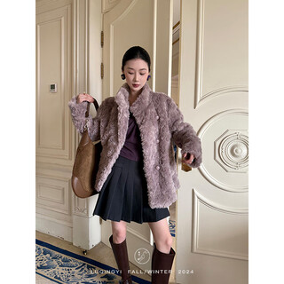 Lu qingyi original taro mud roll light luxury fur coat for women winter high-end oblique design temperament environmentally friendly fur lilac m (ready in stock)