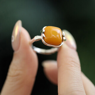 Boigo925 silver amber beeswax ring for women retro bamboo square chinese style open ring for women adjustable ring