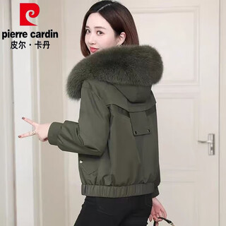 Pierre cardin haining parker women's 2025 winter short style small one-piece faux fur jacket with removable liner, military green (inner liner is not removable) l recommended 120jin jin is equal to less than 0.5kg
