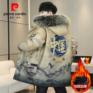 Pierre cardin winter men's windbreaker mid-length velvet thickened hooded jacket trendy casual handsome high-end cotton coat khaki m 90-110jin jin is equal to 0.5 kg