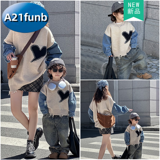 A 21 funb small month old parent-child clothing for the new year in autumn and winter for a family of three, mother and child, loving sweaters, family clothing, new year's greetings clothing, trendy splicing apricot sweater 90 24-28jin jin equals 0.5 kg children's clothing