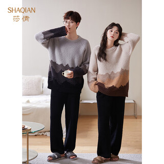 Sha qian couple pajamas autumn and winter half velvet women's thickened warm coral velvet men's casual homewear set