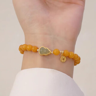 Libiao beeswax pendant bracelet, round bead chicken oil yellow beeswax bracelet 6.5mm with transfer coin gourd plated with ancient fajinna