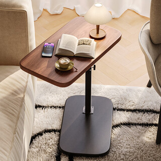 Wooden bottle can lift and rotate sofa side table, living room, coffee table, bedroom bedside table, bedside storage rack, small table, walnut color + black frame 45*30*(45-80)cm