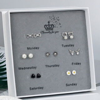 Yingtang lao phoenix gold store model one week 9999 sterling silver earrings gift box set ab style asymmetric seven days earrings girls birthday 15 lao fengxiang same style