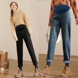 Yibaiyi maternity jeans autumn and winter dad pants harem pants for outerwear stretch simple versatile plus velvet new maternity pants retro blue m