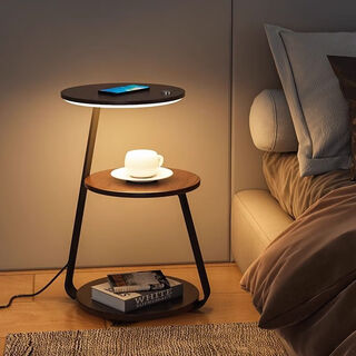 Zhong shuai's bedroom multifunctional bedside table lamp cabinet lamp floor-standing atmosphere lamp retro light luxury master bedroom wireless charging integrated walnut color + walnut three-color light