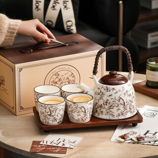 Romance days queyue branch tea set complete light luxurious and high-end teapot housewarming cup tea set gift box wedding gift queyue branch tea set-1 pot 4 cups with tray