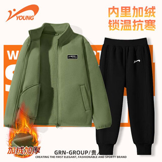 Guirenniao children's clothing winter children's sweaters and pants sports suits boys' polar fleece warm jackets big children's velvet thick pants winter military green/g black and white label car-black/g white 160