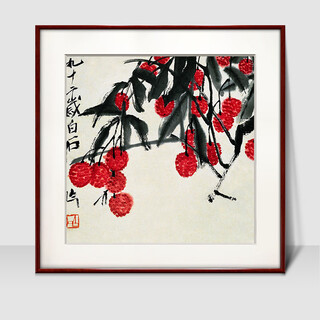 Zi teng suixuan qi baishi decorative painting new chinese style living room background wall hanging painting bedroom dining room restaurant ink shrimp mural good luck 60*60cm mahogany color solid wood frame