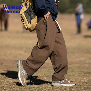 Wassup hermu official pure cotton casual pants for men and women, spring and summer overalls, mountain style sports drape, loose solid color straight long pants, brown l (recommended 120-145jin jin equals 0.5kg)